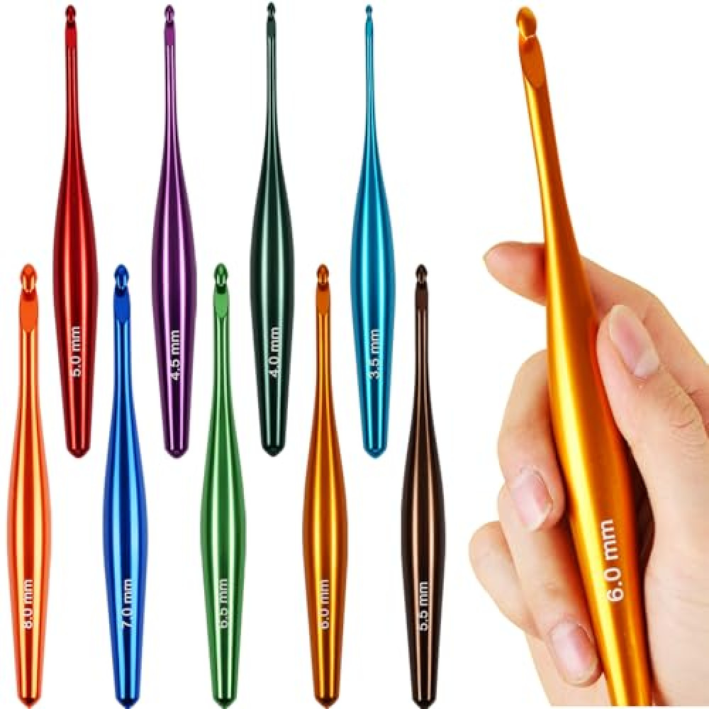 Svartur Crochet Hooks Ergonomic, 9Pcs Hand-Polished Aluminum Crochet Needles (3.5mm-8mm), Streamline Crochet Hooks Premium, Multicolored Metal Knitting Needles with Storage Case