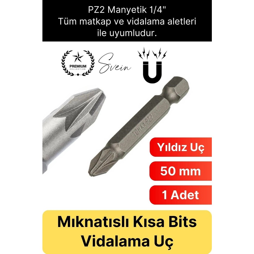 Svein #bitsuç 50 mm Mıknatıslı Yıldız Vidalama Bits Uç Pz2 Manyetik 1/4" Şarjlı Matkap Ucu Kısa Boy 1 Adet - 000-Siyah Matkaplar Fiyatı