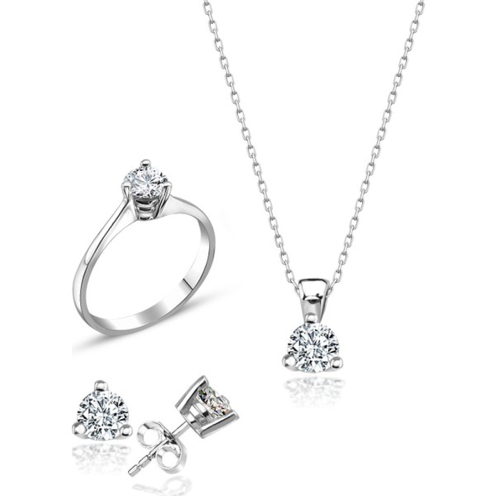 Swarovski Tek Taş Üçlü Set - 16 - Gümüş Gümüş Kolye Fiyatı