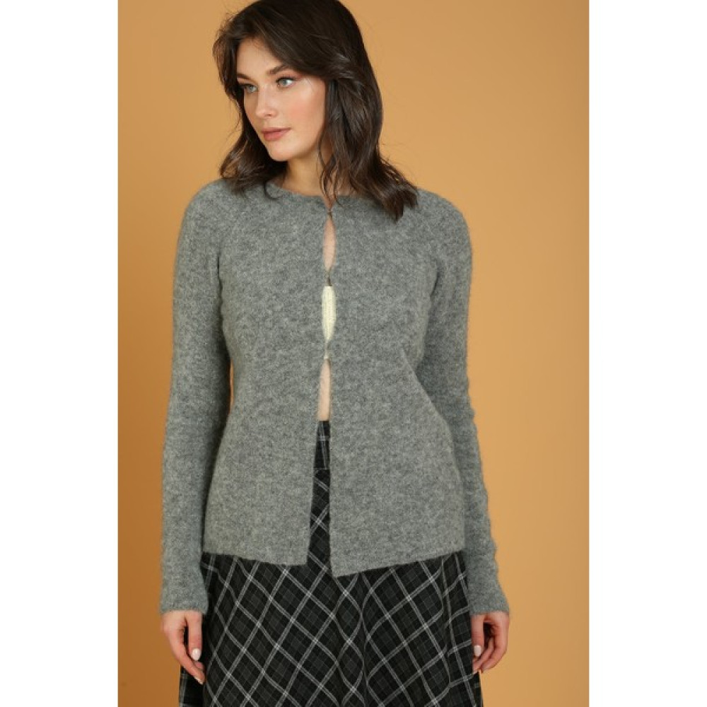 Sweater Gri Bisiklet Yaka Gizli Düğmeli Yün Kadın Hırka Kadın Hırka Fiyatı