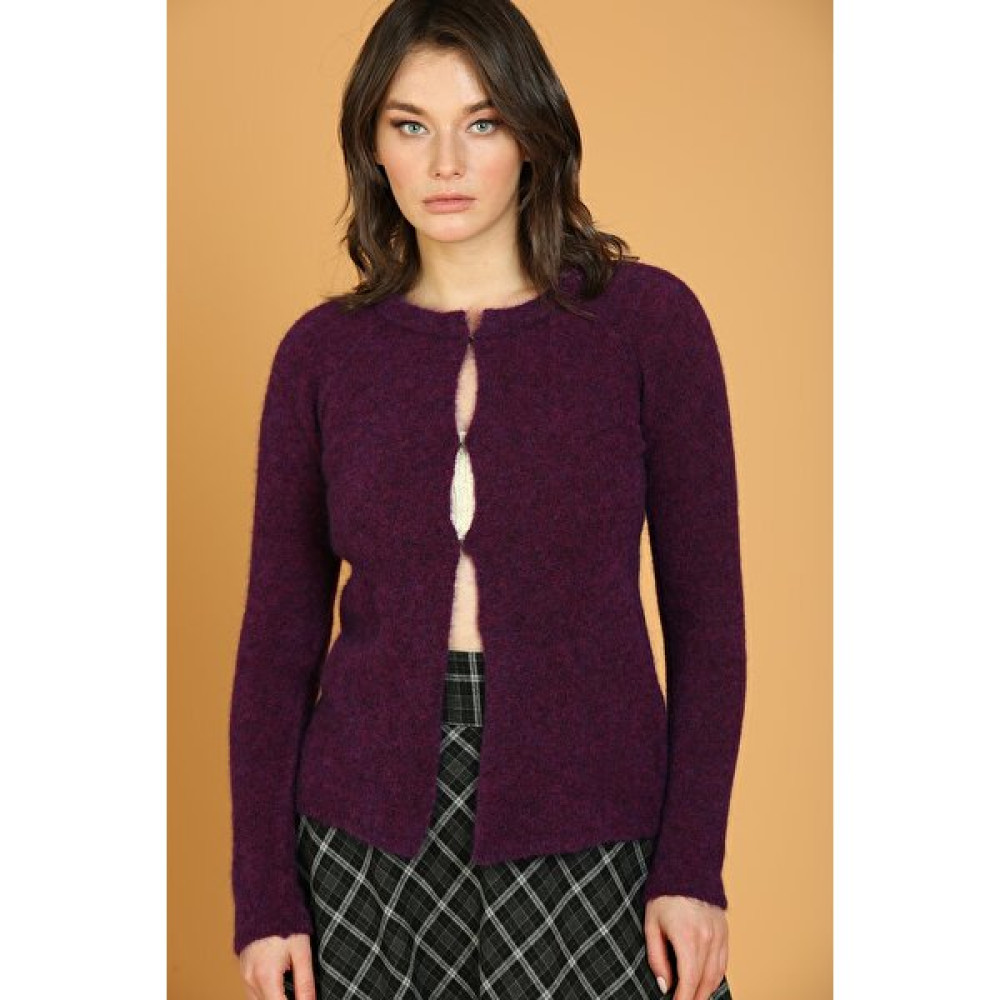 Sweater Mor Bisiklet Yaka Gizli Düğmeli Yün Kadın Hırka Kadın Hırka Fiyatı