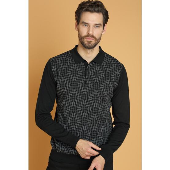 Sweater Siyah  Polo Yaka Düğmeli Erkek Triko Kazak
