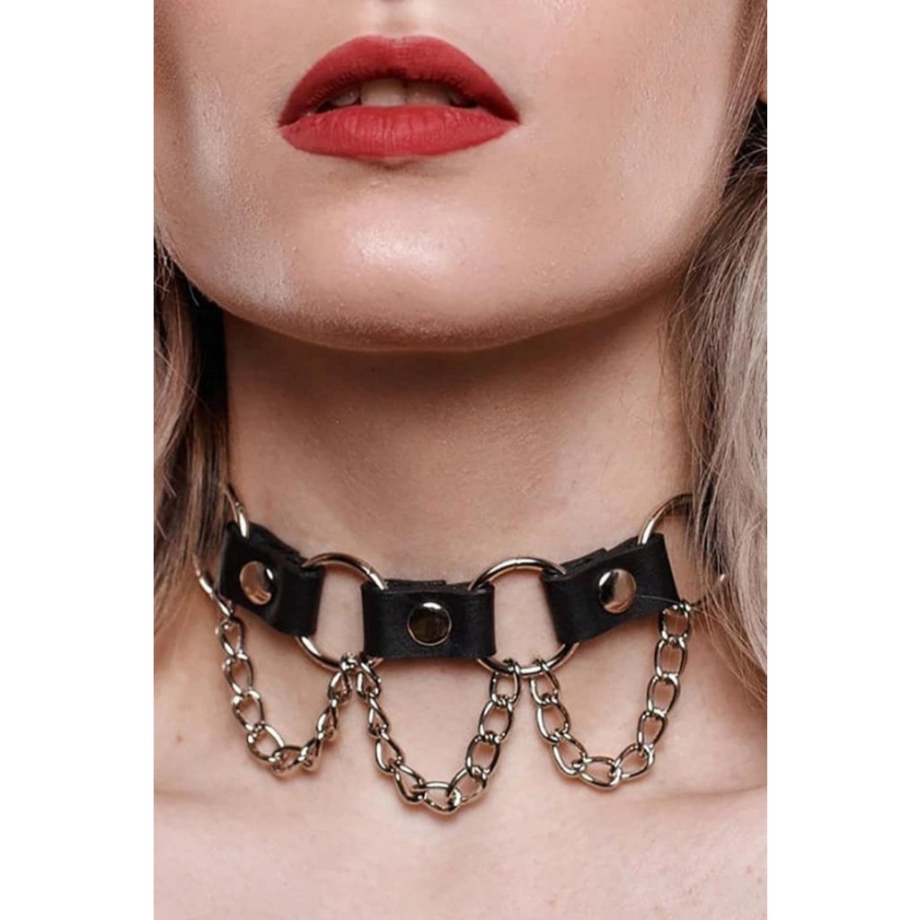 Sweet Demon Kadın Zincir ve Halka Detaylı Deri Choker Tasma Boyunluk Aksesuar Siyah Evcil Hayvan Ürünleri Fiyatı