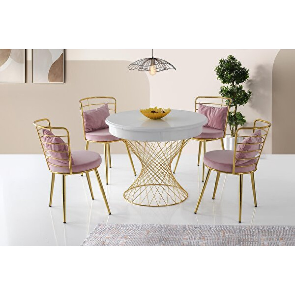Sweet Home 90 CM Açılır Yuvarlak Menekşe Beyaz Masa - 4 Adet Gamze Gold Sandalye Mutfak Dolabı / Mobilyası Fiyatı
