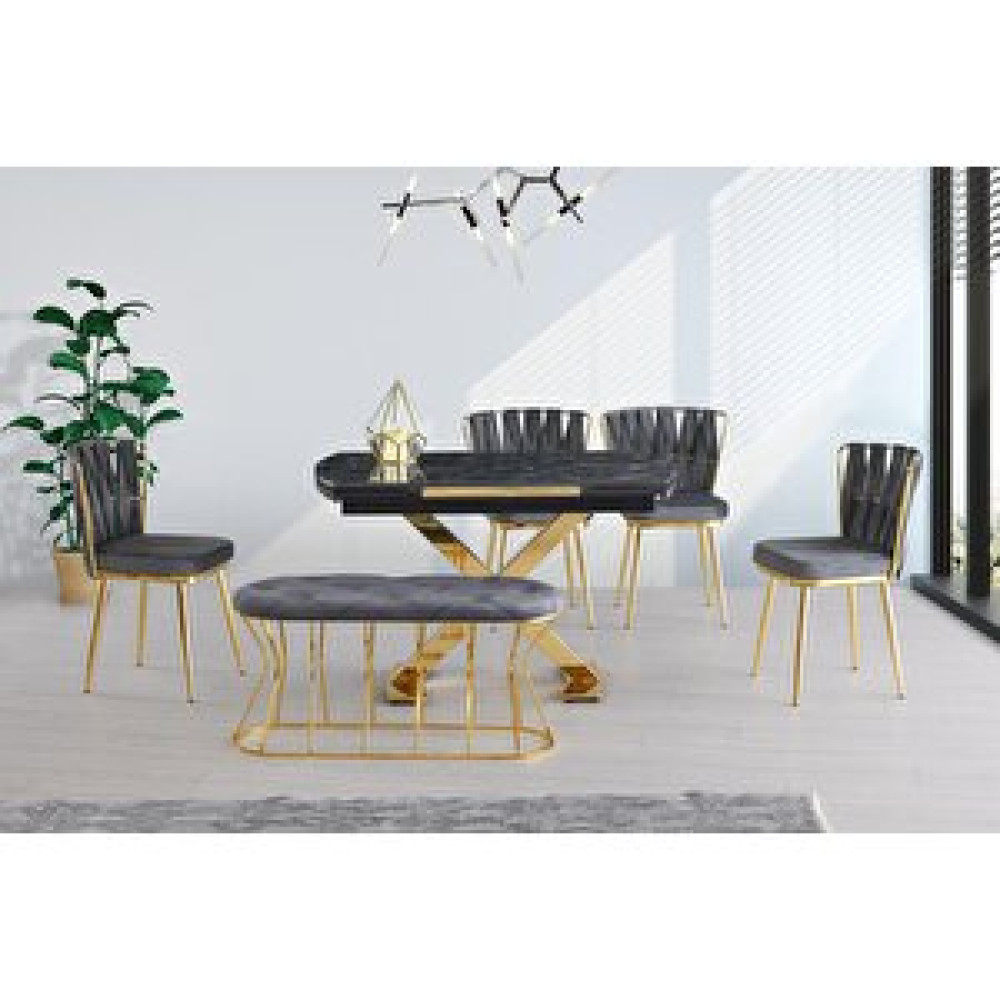 Sweet Home Masa Sandalye Açılır Anka X Ayak Gold Masa Lotus Desen + 4 Adet Örgülü Ay Sandalye +1 Adet Vazo Bench Gold Yemek & Mutfak Masası Fiyatı