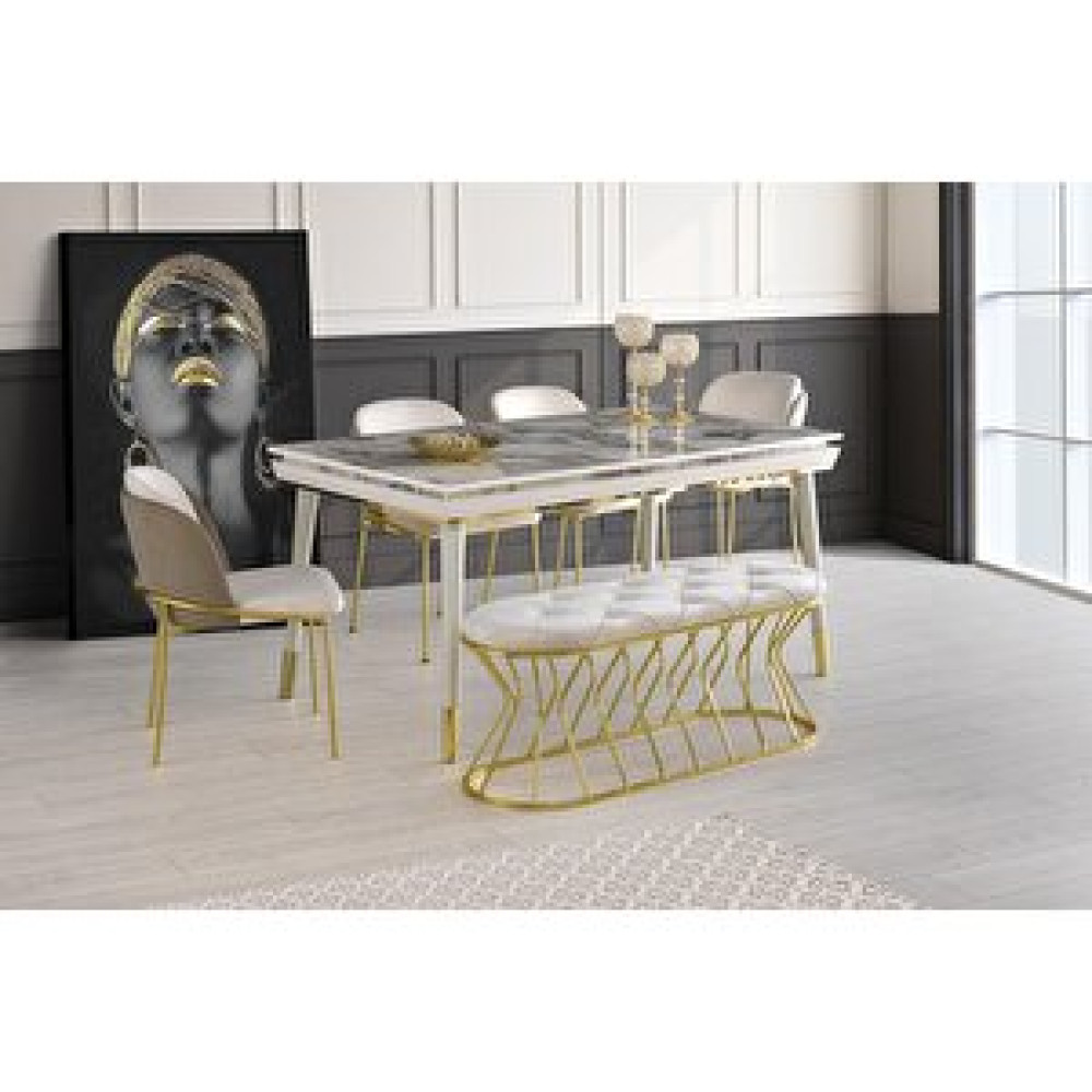 Sweet Home Masa Sandalye Açılır Roma Salon Masası Efes Desen + 4 Adet Limon Sandalye +1 Bench Puf Masa - Sandalye Seti / Takımı Fiyatı