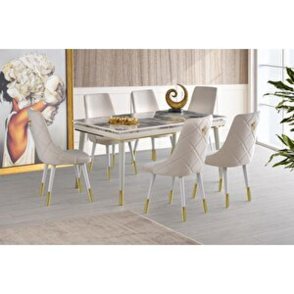Sweet Home Masa Sandalye Açılır Roma Salon Masası Efes Desen + 6 Adet Alya Sandalye Ahşap Ayak Masa - Sandalye Seti / Takımı Fiyatı