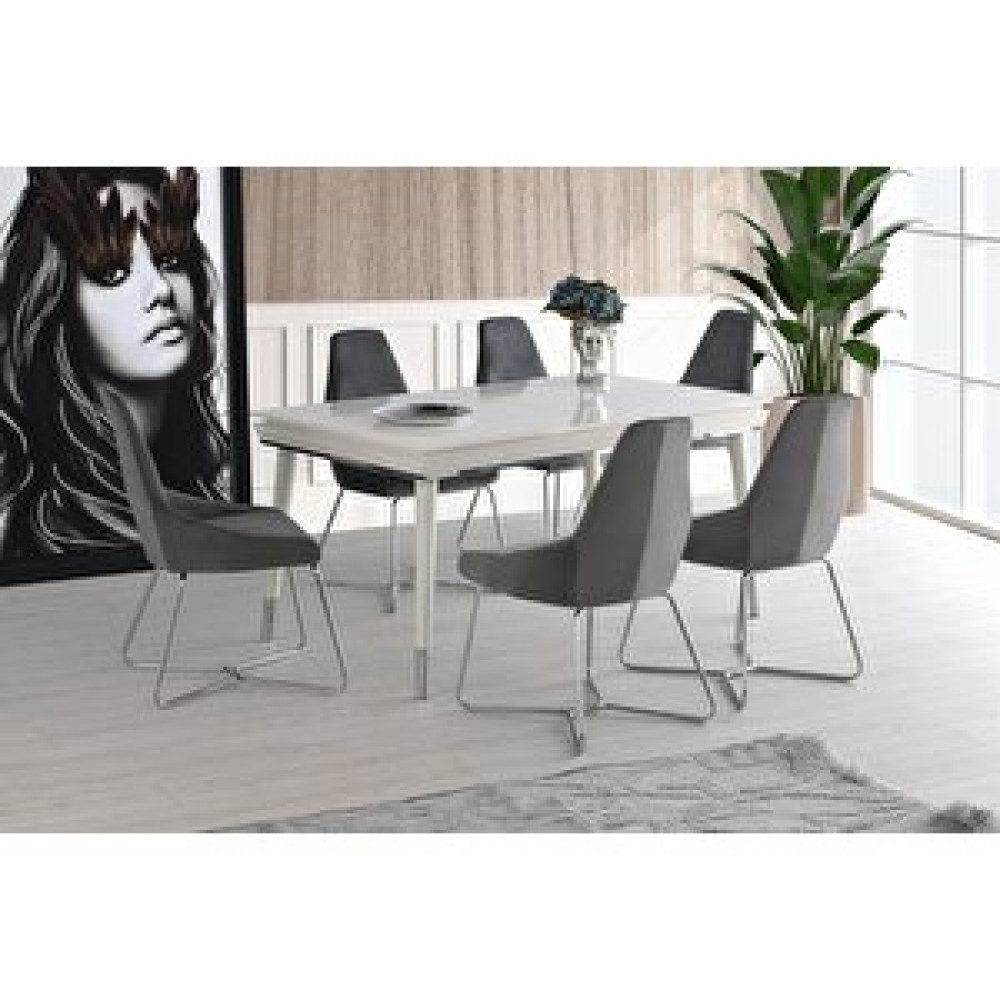 Sweet Home Masa Sandalye Açılır Roma Salon Masası Ekru Desen + 6 Adet Juliet Sandalye Krom Metal Ayak Masa - Sandalye Seti / Takımı Fiyatı