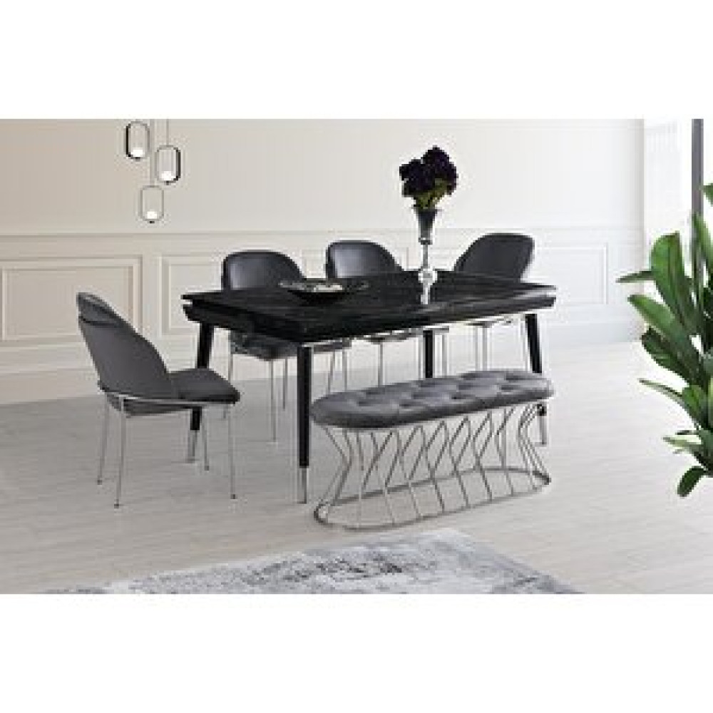 Sweet Home Masa Sandalye Açılır Roma Salon Masası Siyah Mermer Desen + 4 Adet Limon Sandalye Krom +1 Bench Puf Krom Masa - Sandalye Seti / Takımı Fiyatı