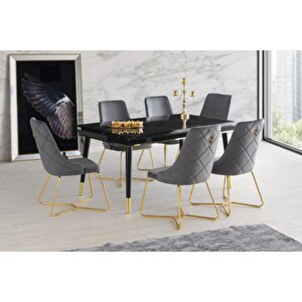 Sweet Home Masa Sandalye Açılır Roma Salon Masası Siyah Mermer Desen + 6 Adet Alya Sandalye Gold Metal Ayak Masa - Sandalye Seti / Takımı Fiyatı