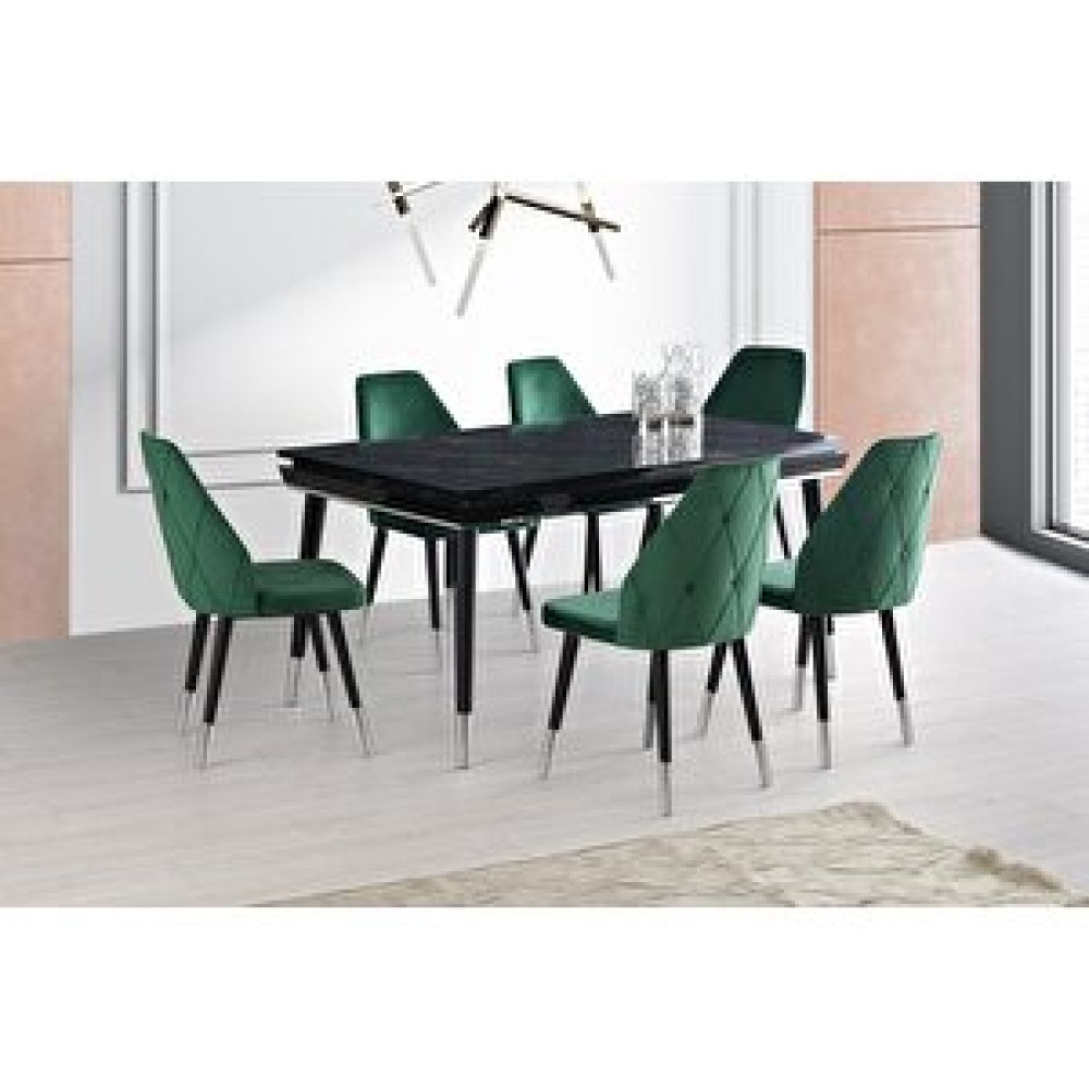 Sweet Home Masa Sandalye Açılır Roma Salon Masası Siyah Mermer Desen + 6 Adet Hira Sandalye Ahşap Ayak Masa - Sandalye Seti / Takımı Fiyatı