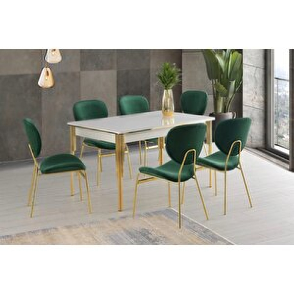 Sweet Home Masa Sandalye Açılır Sahra Salon Masası Ekru Desen + 6 Adet Teo Sandalye Gold Metal Ayak Masa - Sandalye Seti / Takımı Fiyatı