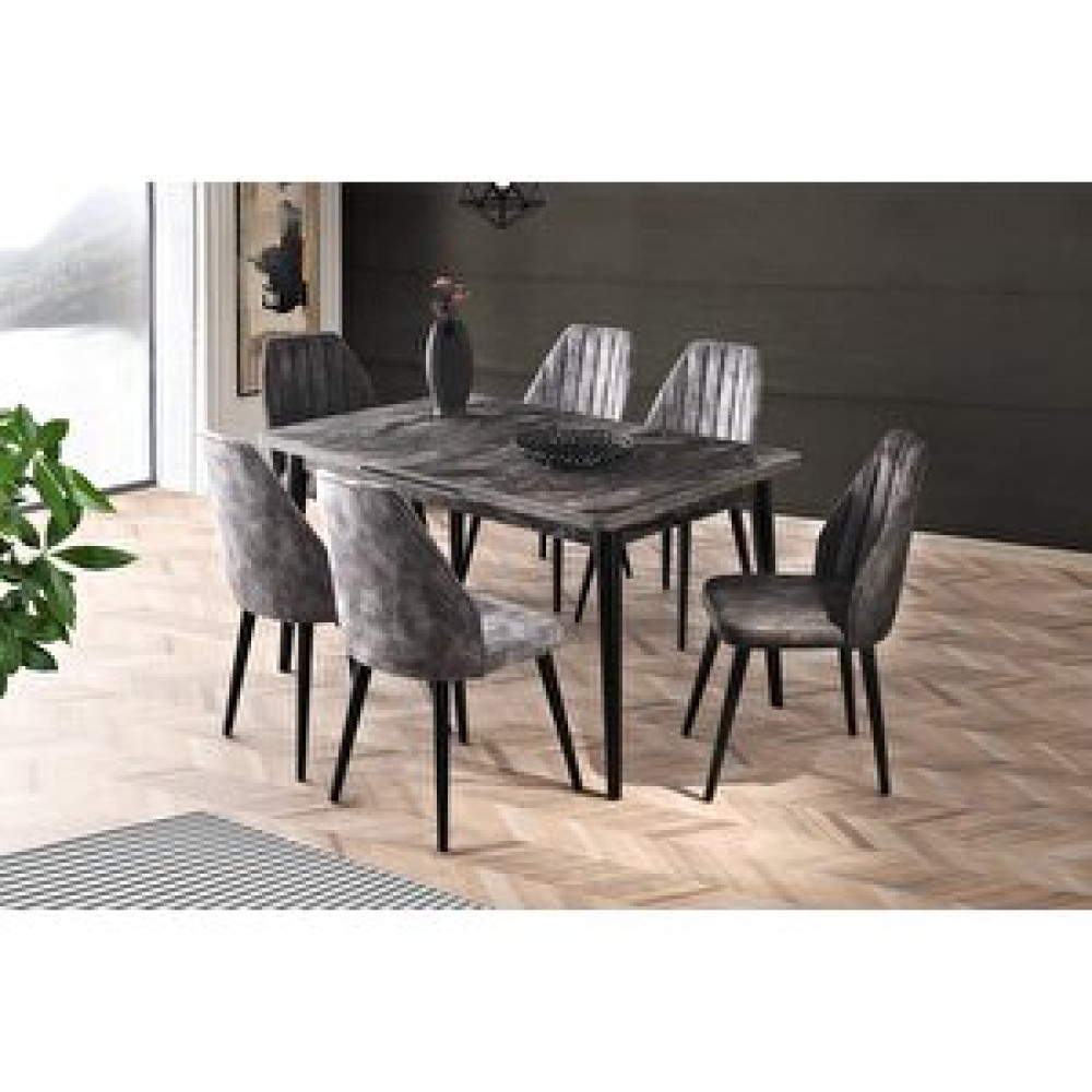 Sweet Home Masa Sandalye Açılır Salon Masası Takımı Siyah Mermer + 6 Adet Defne Nubuk Sandalye Masa - Sandalye Seti / Takımı Fiyatı