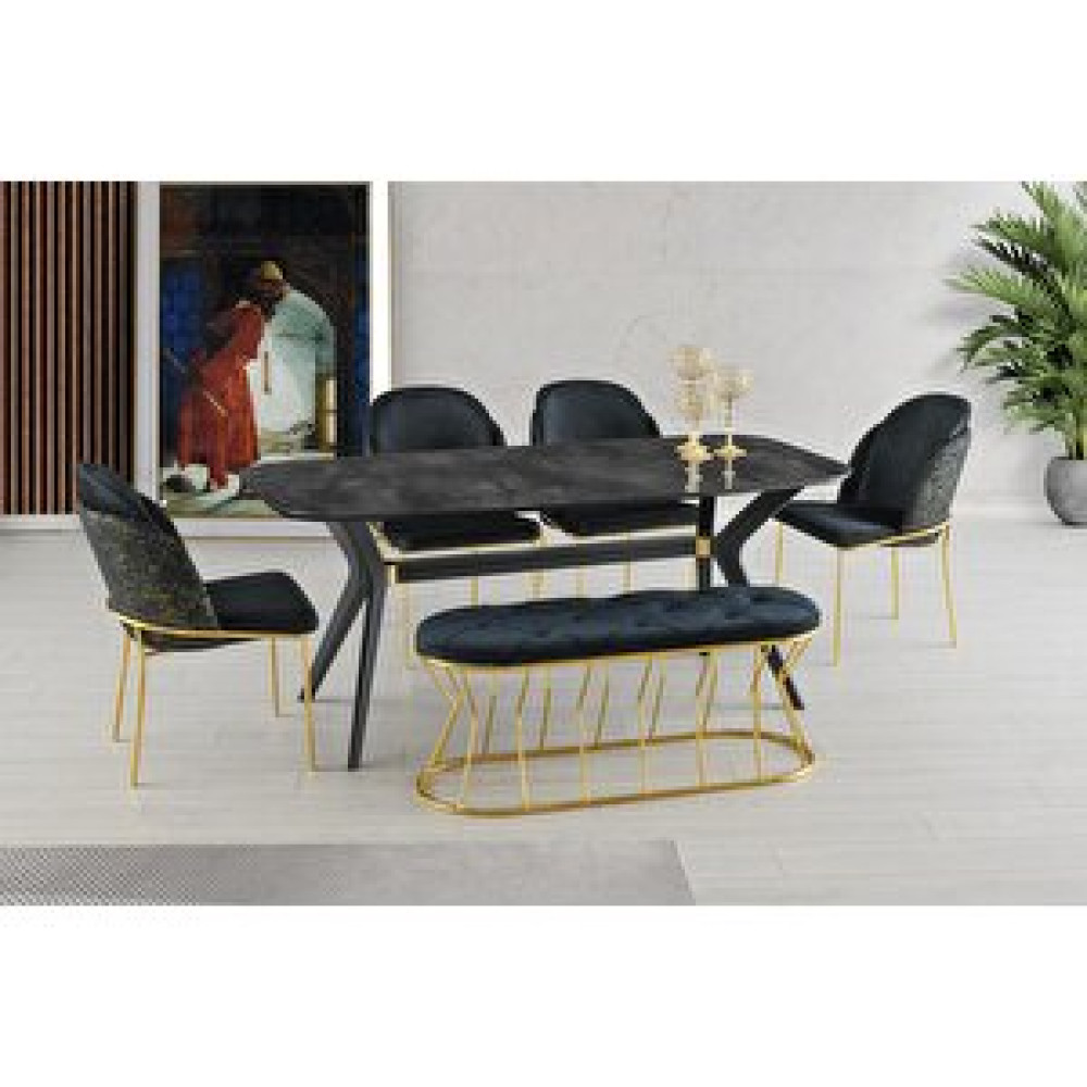 Sweet Home Masa Sandalye Sabit Eliz Masa Salon Masası İrony H.g Desen + 4 Adet Limon Sandalye Gold +1 Bench Puf Gold Masa - Sandalye Seti / Takımı Fiyatı