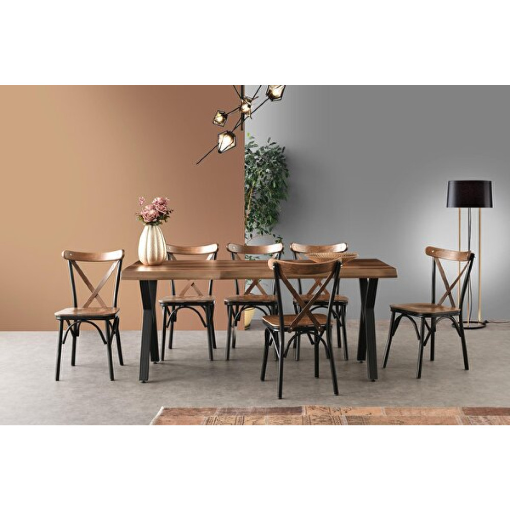 Sweet Home MDF Barok Ceviz Kütük Masa - 6 Adet Ahşap Çapraz Sandalye Takım Mutfak Dolabı / Mobilyası Fiyatı