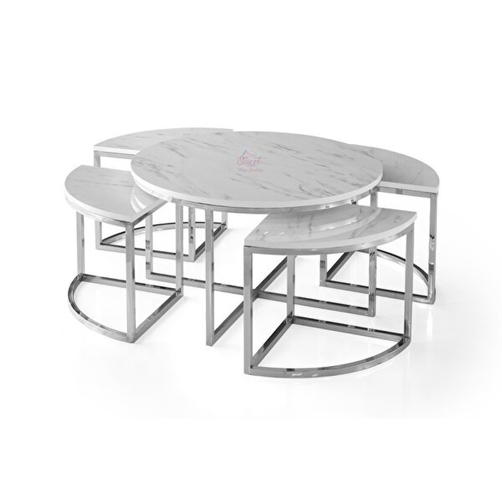 Sweet Home MDF Highloss Marmo Desen Krom Yuvarlak Pizza Orta Sehpa Orta Sehpa Fiyatı