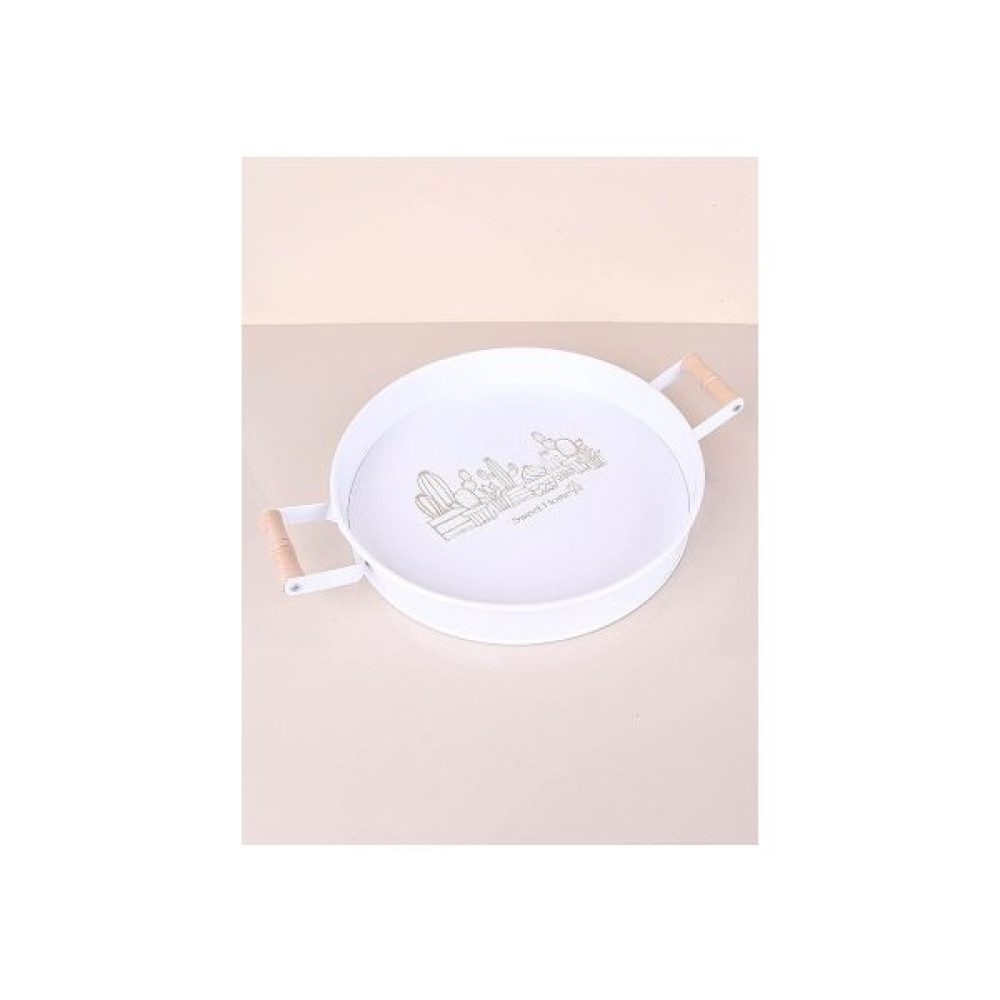 Sweet Home Metal Yuvarlak Ahşap Saplı Tepsi 29CM - Beyaz Servis Tepsisi Fiyatı