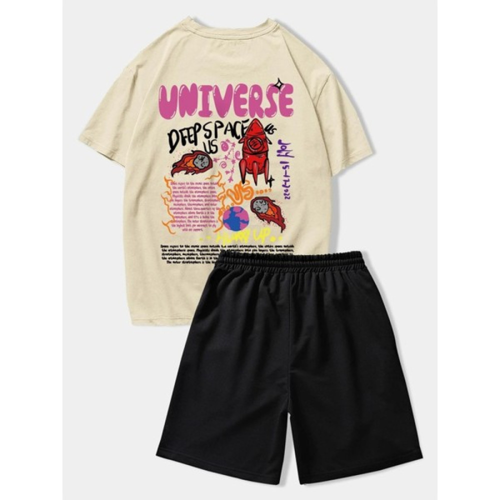 Sweetline Universe Rocket T-Shirt Şort - Bej Siyah Alt Üst Takım Şort Tişört Kombin Baskılı Bisiklet Yaka Kadın Eşofman Fiyatı