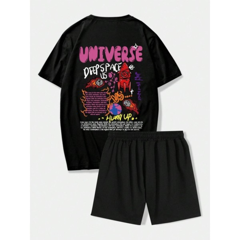 Sweetline Universe Rocket T-Shirt Şort - Siyah Alt Üst Takım Şort Tişört Kombin Baskılı Bisiklet Yaka Kadın Eşofman Fiyatı
