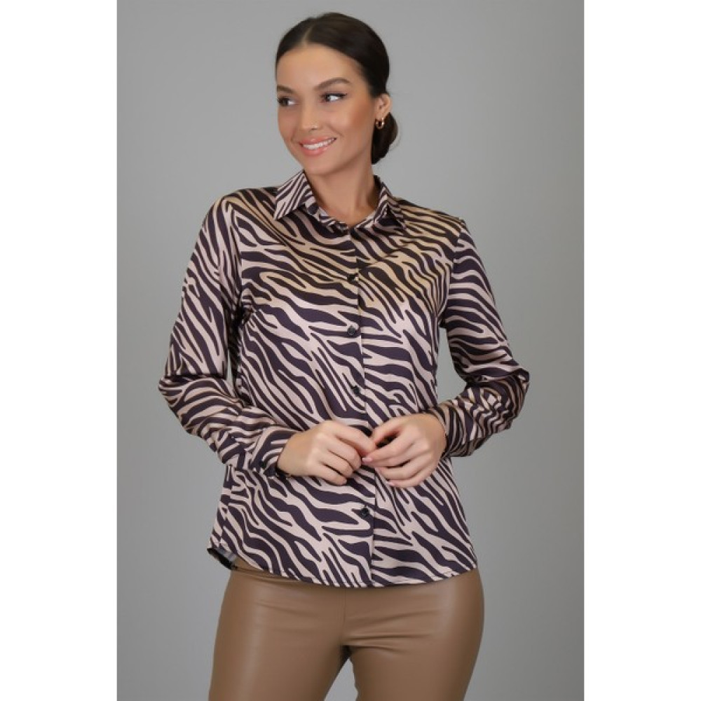 Sweetness Kadın Siyah Bej Zebra Desenli Likralı Saten Uzun Kol Abiye Gömlek Dk 100510 Kadın Gömlek Fiyatı