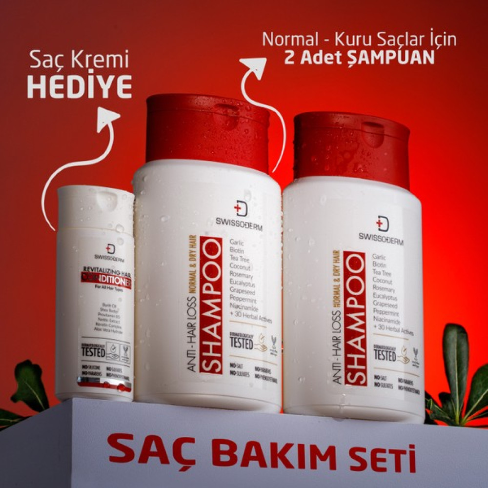 Swissoderm Dökülme Karşıtı Şampuan 2'li Set, Normal & Kuru Saç, Vegan, Saç Dökülmesine Karşı Sülfatsız Tuzsuz 2x300ml Şampuan ve Saç Kremi Fiyatı