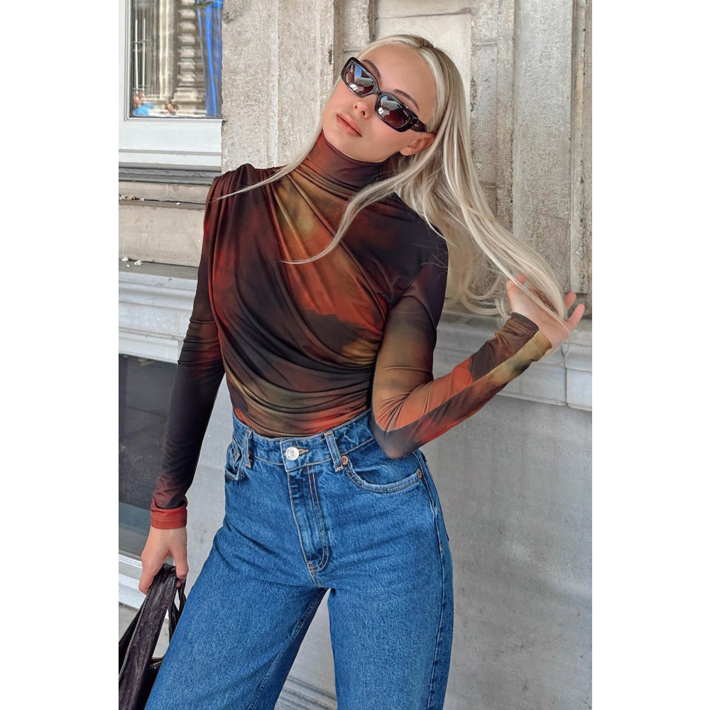 Swist Turuncu Batik Desen Yarım Balıkçı Omuz ve Bel Drapeli Kadın Bluz Crop M Beden Bluz Fiyatı
