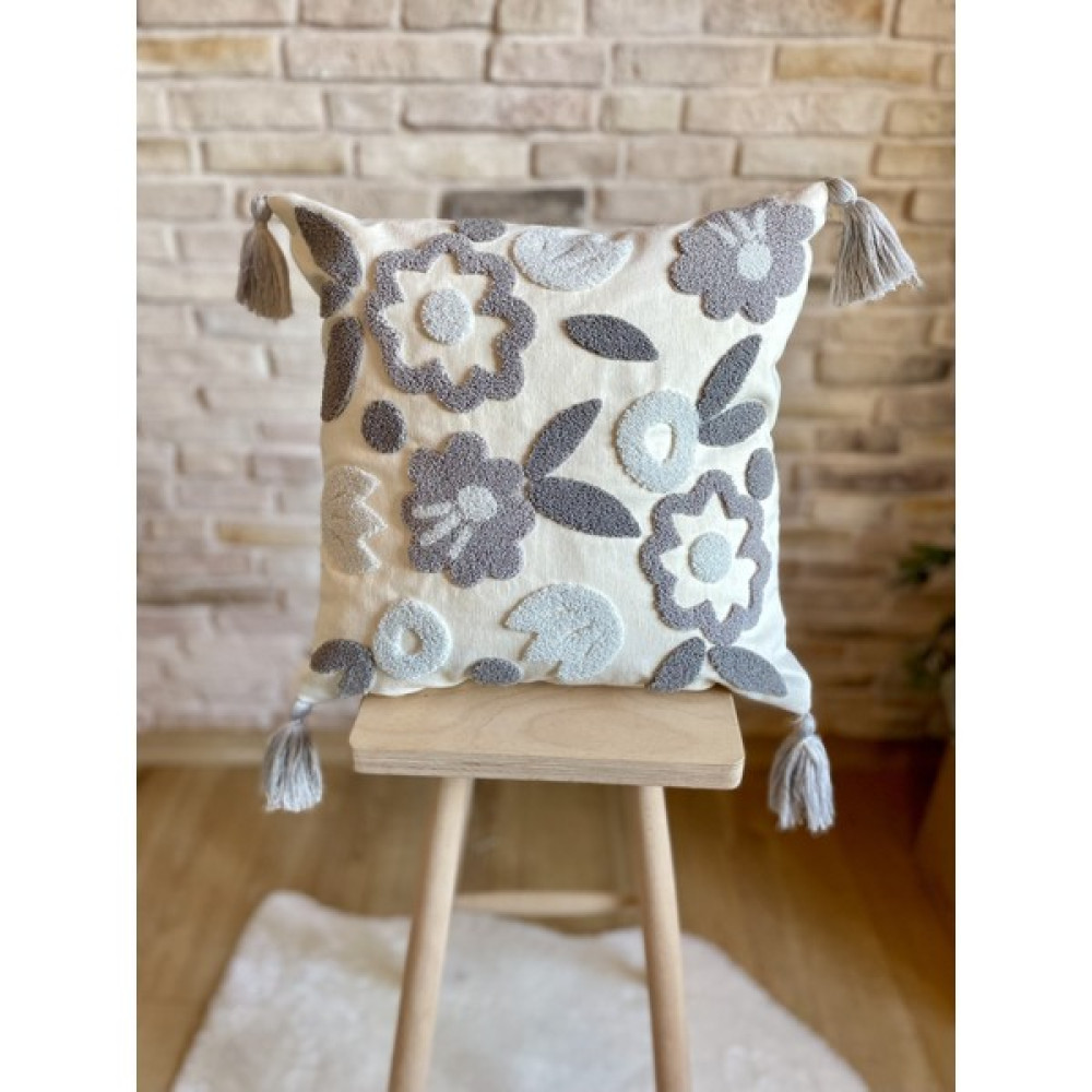 Swita Home Punch Işlemeli Tekli Dekoratif Özel Tasarım Gri Kırlent Kılıfı (Panç) - 43 x 43 cm - Beyaz - Açık Gri Kırlent / Mobilya Yastığı Fiyatı
