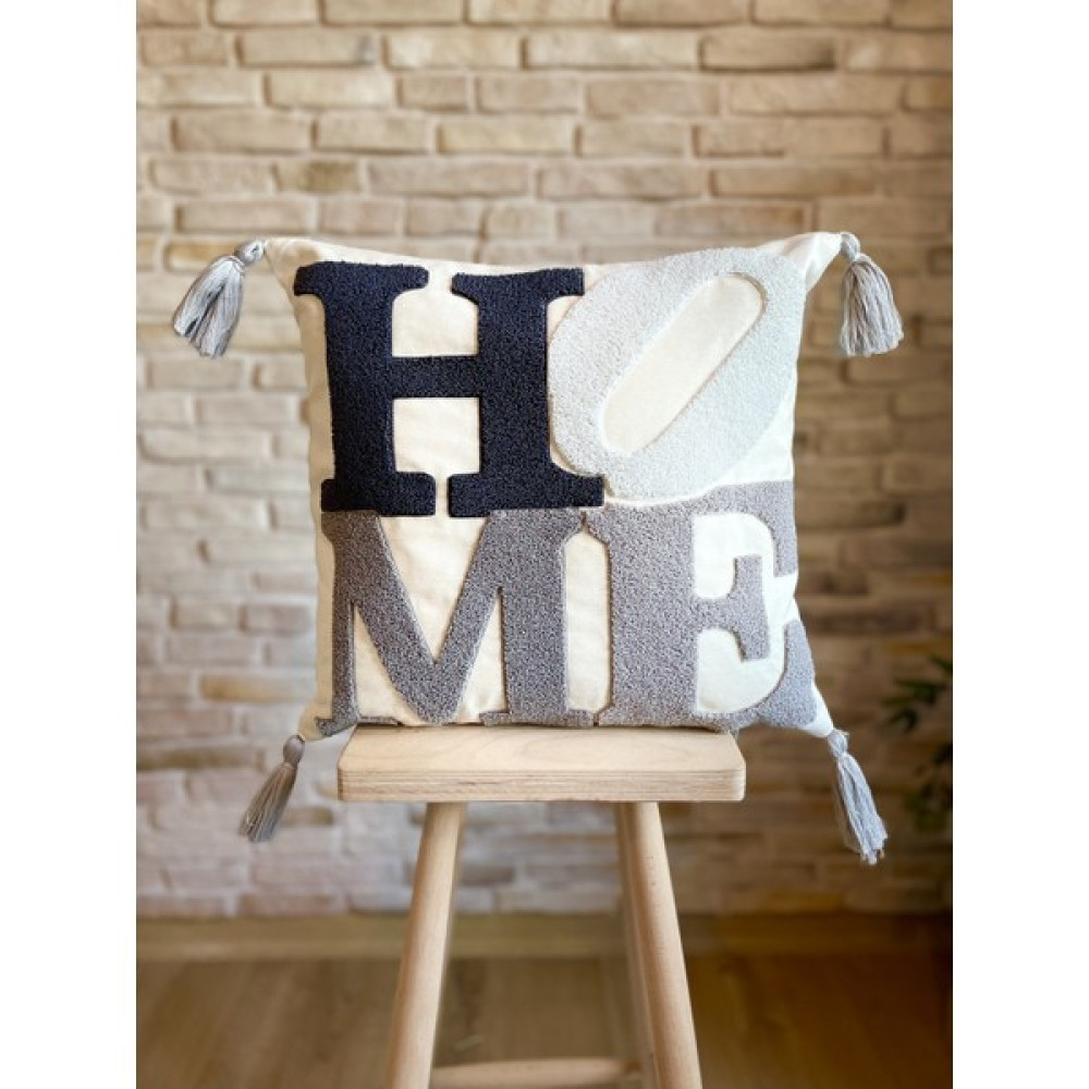 Swita Home Punch Işlemeli Tekli Dekoratif Özel Tasarım Gri Kırlent Kılıfı (Panç) - 43 x 43 cm - Krem - Lacivert Kırlent / Mobilya Yastığı Fiyatı