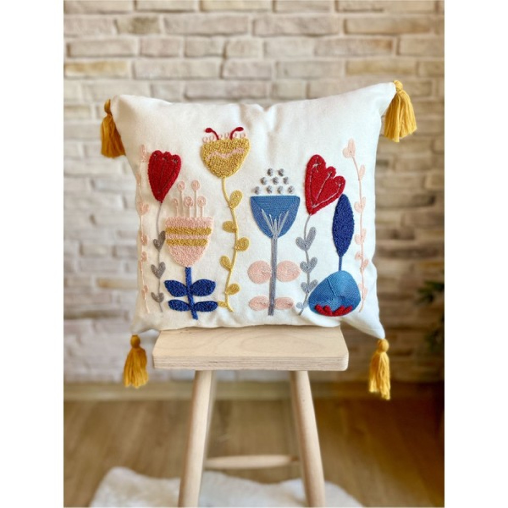 Swita Home Punch Işlemeli Tekli Dekoratif Özel Tasarım Kırlent Kılıfı (Panç) - 43 x 43 cm - Sarı - Beyaz Kırlent / Mobilya Yastığı Fiyatı