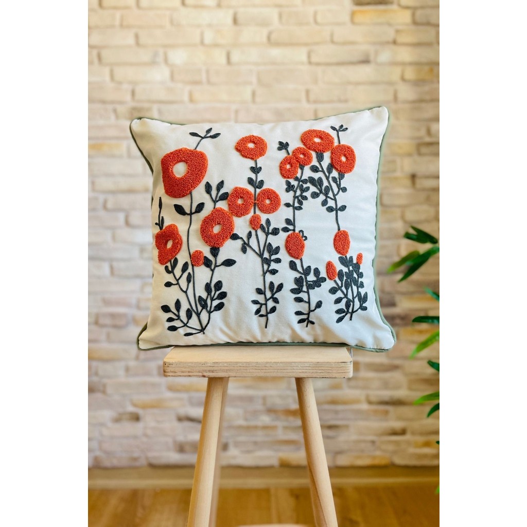 Swita Home Punch Işlemeli Tekli Dekoratif Papatya Desen Kırlent Kılıfı (Panç) - 43 x 43 cm - Turuncu Kırlent / Mobilya Yastığı Fiyatı