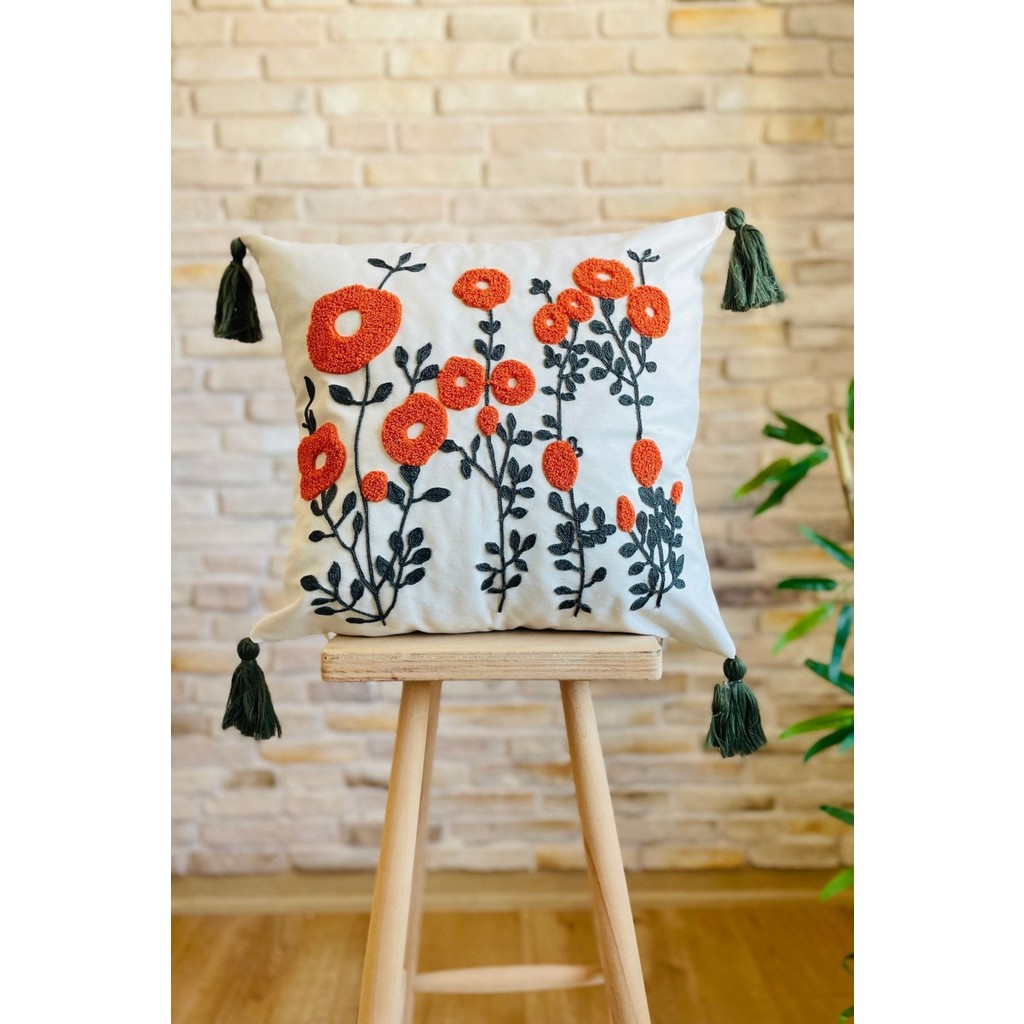 Swita Home Punch Işlemeli Tekli Dekoratif Papatya Desen Kırlent Kılıfı (Panç) - 43 x 43 cm - Yeşil - Turuncu Kırlent / Mobilya Yastığı Fiyatı