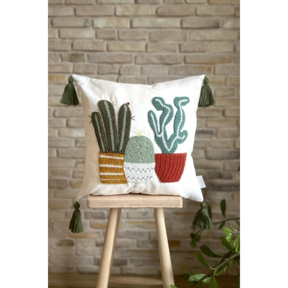 Swita Punch Işlemeli Dekoratif Keten Kırlent Kılıfı - 43 x 43 cm - Ekru - Yağ Yeşili Kırlent / Mobilya Yastığı Fiyatı