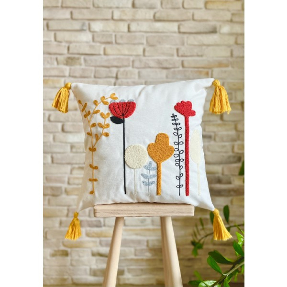 Swita Punch Işlemeli Dekoratif Keten Kırlent Kılıfı - 43 x 43 cm - Yeşil - Renkli Kırlent / Mobilya Yastığı Fiyatı