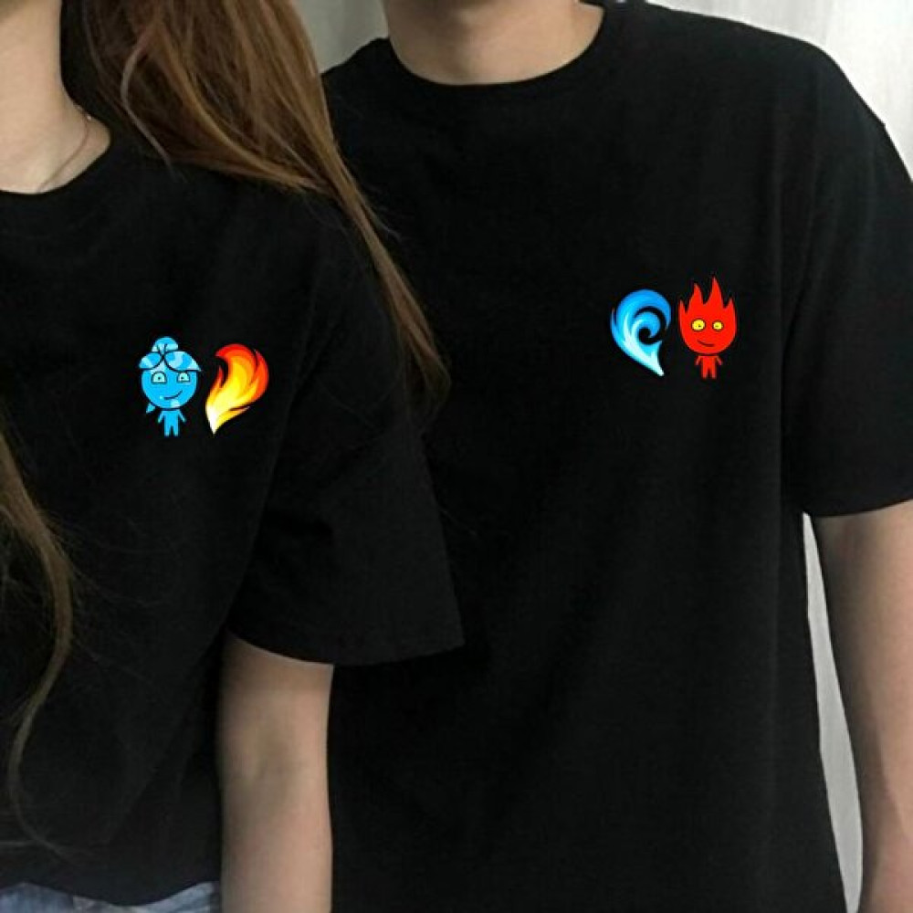 Swozz Ateş ve Su Baskılı Özel Tasarım Oversize Siyah 2 Adet Tshirt Sevgili Kombini Erkek T-shirt Fiyatı