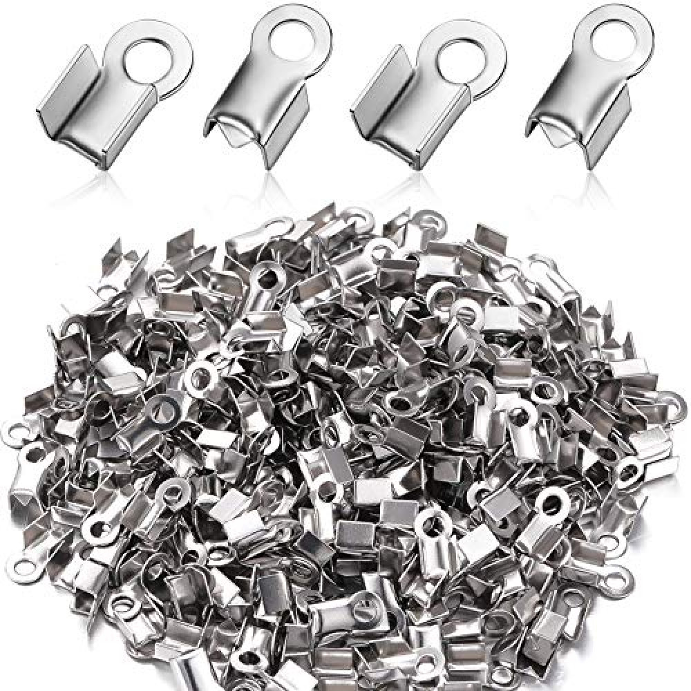 Syhood 100 Pieces 304 Stainless Steel Fold Over Cord Ends Cord Crimp Tips Fold-Over End Caps Leather Ribbon Clasp Tips Jewelry Connector for Jewelry Making, 3 x 8 mm