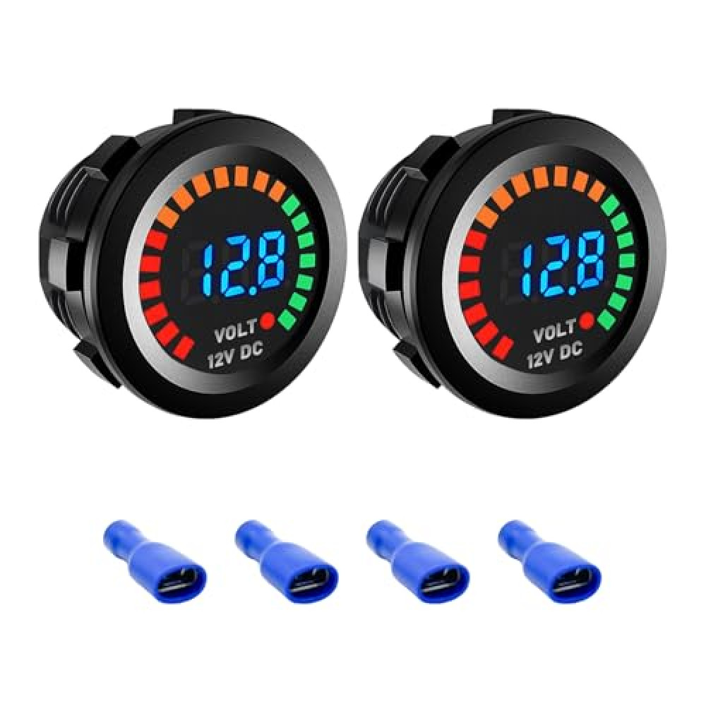 Sylvil 2 PCS Waterproof Voltmeter for Car, DC 12V LED Digital Display Voltage Gauge with Terminals, Universal Round Panel Vehicle Battery Voltage Tester for Car Motorcycle Boat