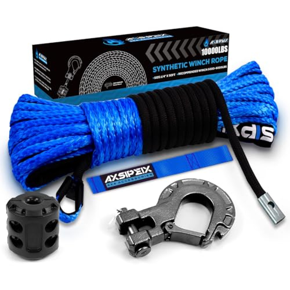 Synthetic Winch Rope Kit, 1/4" x 50ft 10000LBS Blue Winch Cable with Protective Sleeve, Forged Winch Hook, Rubber Stopper and Safety Pull Strap for ATV UTV