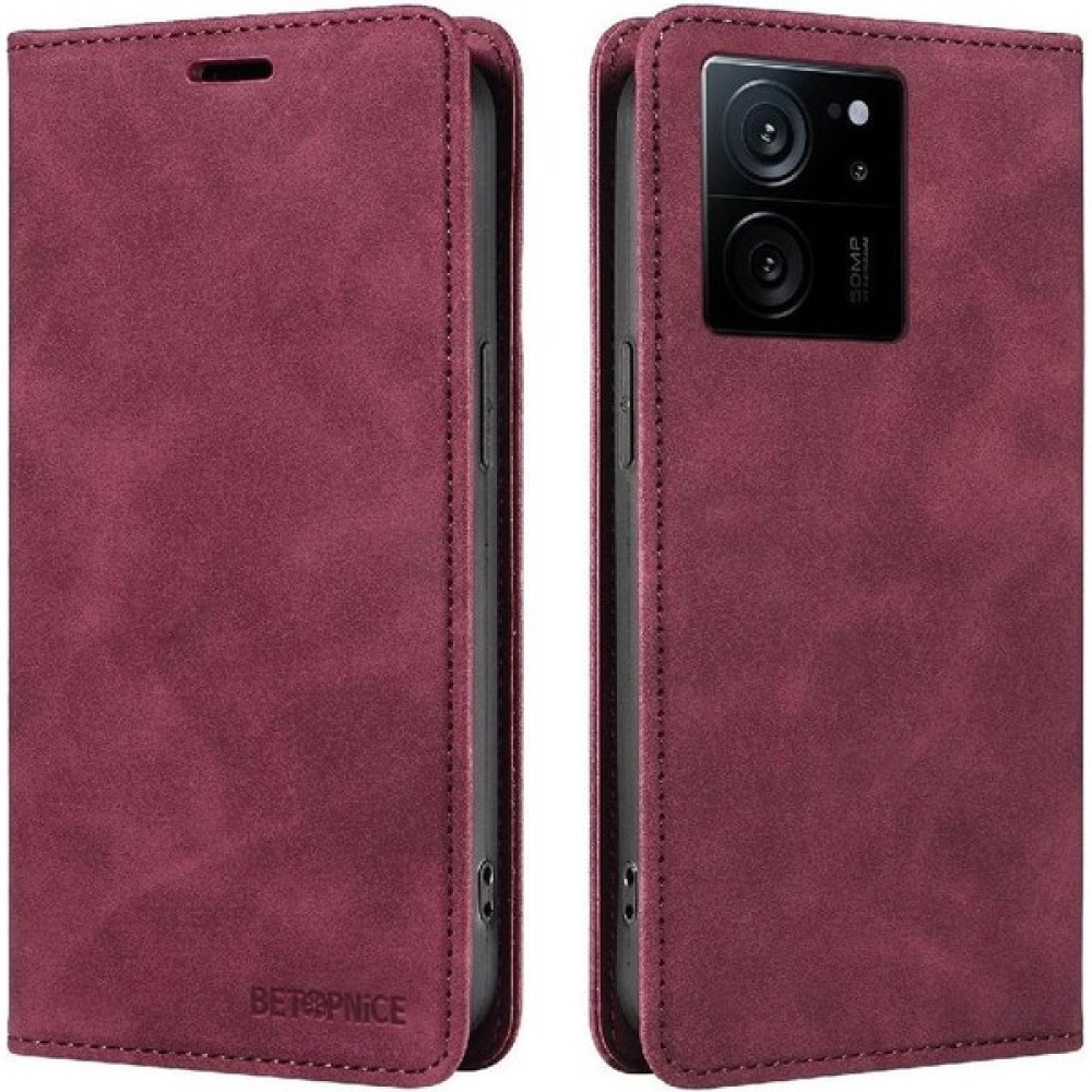 SZY Market Xiaomi 13T/13T Pro Pu Deri Koruyucu Folyo Cüzdan Manyetik (Yurt Dışından) - Kırmızı - Xiaomi 13T Cep Telefonu Kılıfı Fiyatı