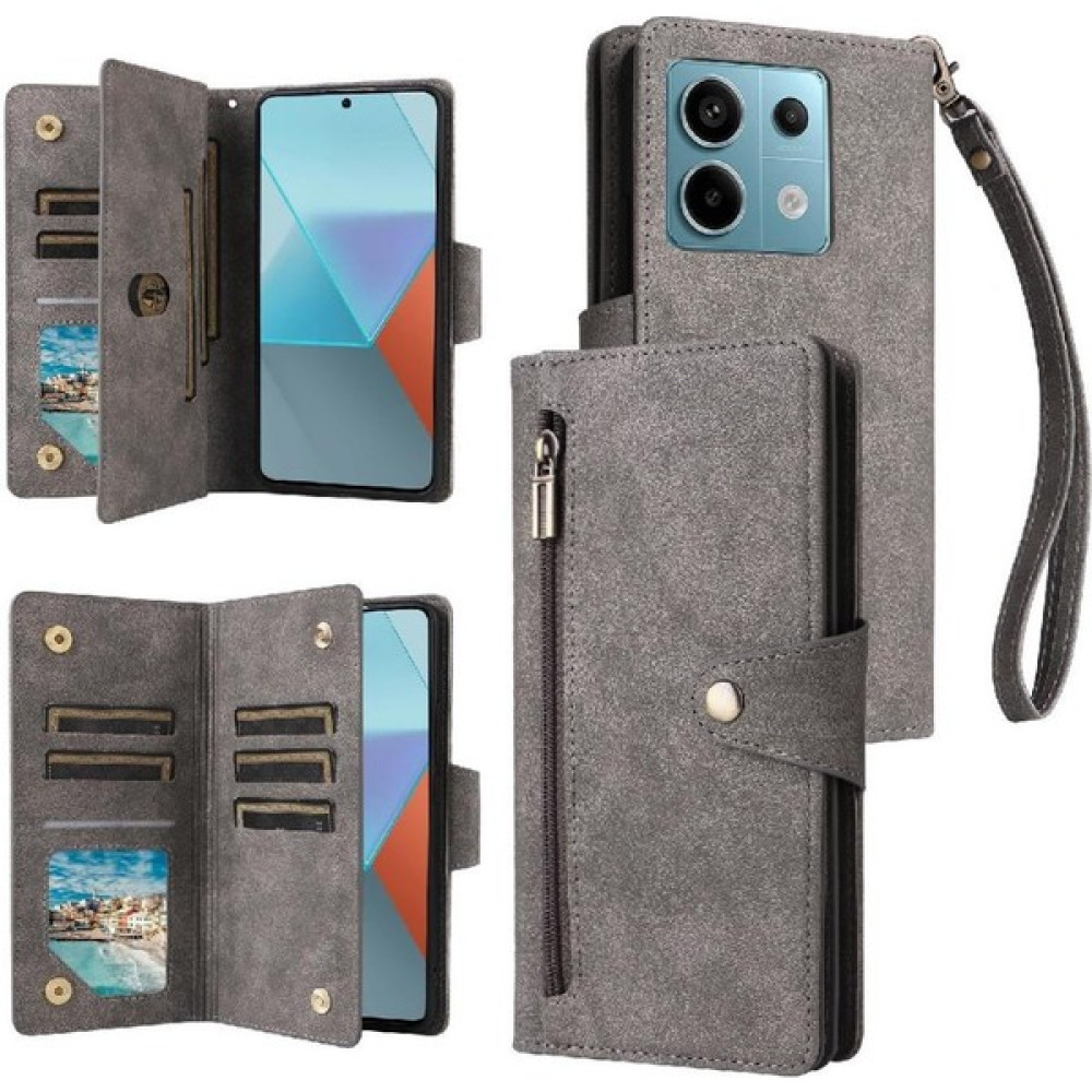SZY Market Xiaomi Redmi Not Için Kılıf 13 Pro Fermuar Cüzdan Kapak ile El Kayışı (Yurt Dışından) - Gri - Redmi Note 13 Pro Cep Telefonu Kılıfı Fiyatı