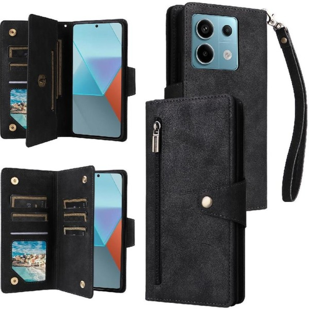 SZY Market Xiaomi Redmi Not Için Kılıf 13 Pro Fermuar Cüzdan Kapak ile El Kayışı (Yurt Dışından) - Siyah - Redmi Note 13 Pro Cep Telefonu Kılıfı Fiyatı