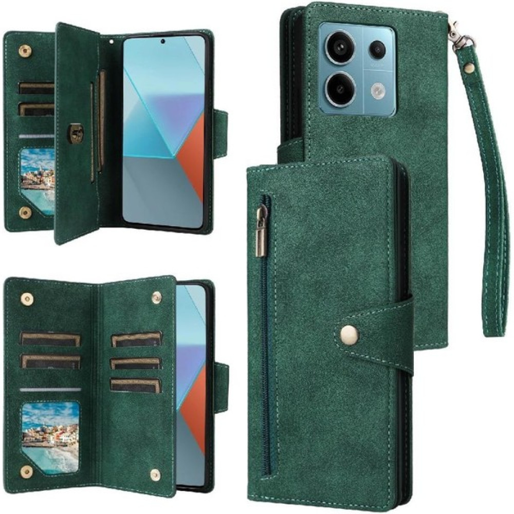 SZY Market Xiaomi Redmi Not Için Kılıf 13 Pro Fermuar Cüzdan Kapak ile El Kayışı (Yurt Dışından) - Yeşil - Redmi Note 13 Pro Cep Telefonu Kılıfı Fiyatı