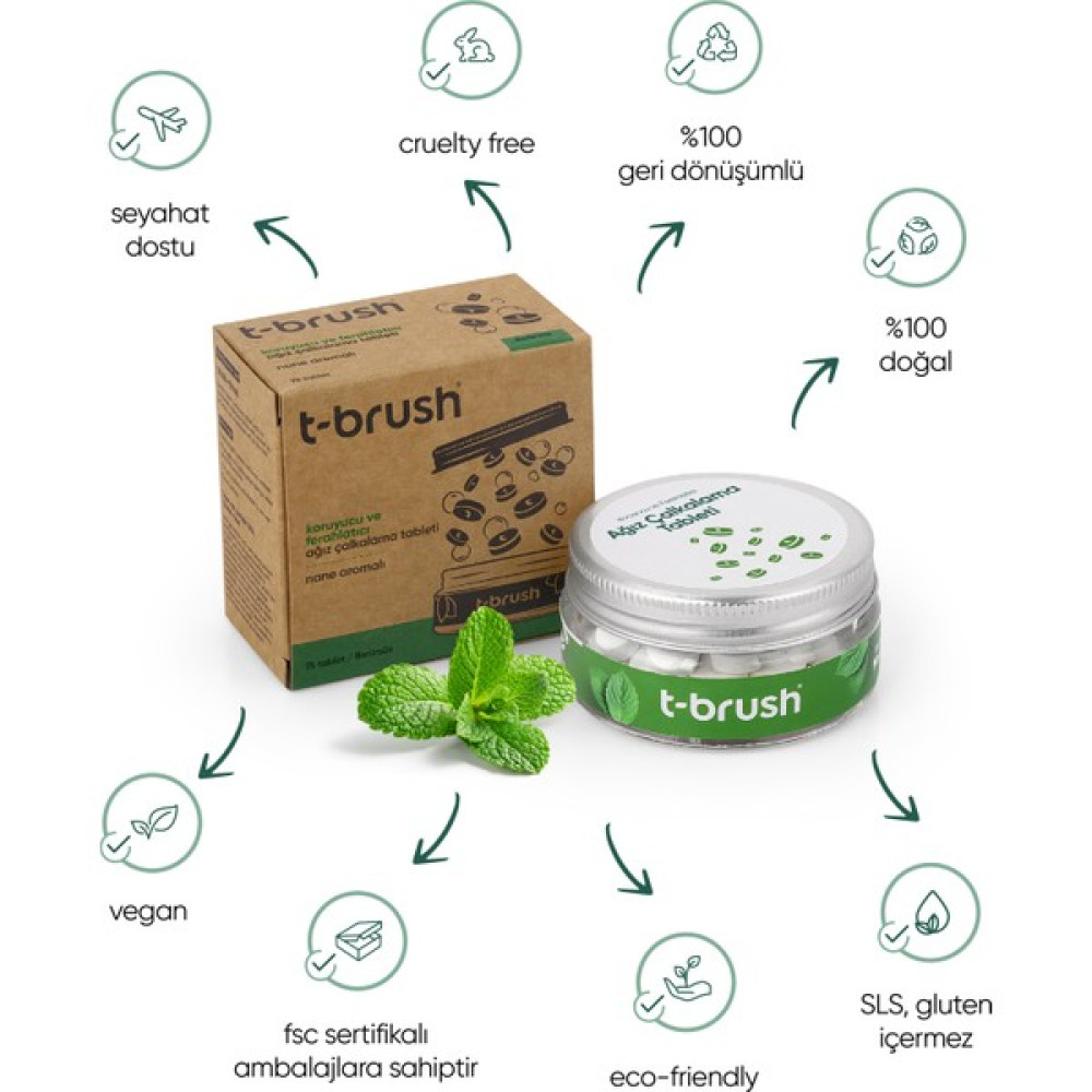 T-Brush Koruyucu ve Ferahlatıcı Ağız Çalkalama Tableti - Florürlü- Alkolsüz - Vegan - 75 tablet Ağız Gargara ve Spreyi Fiyatı