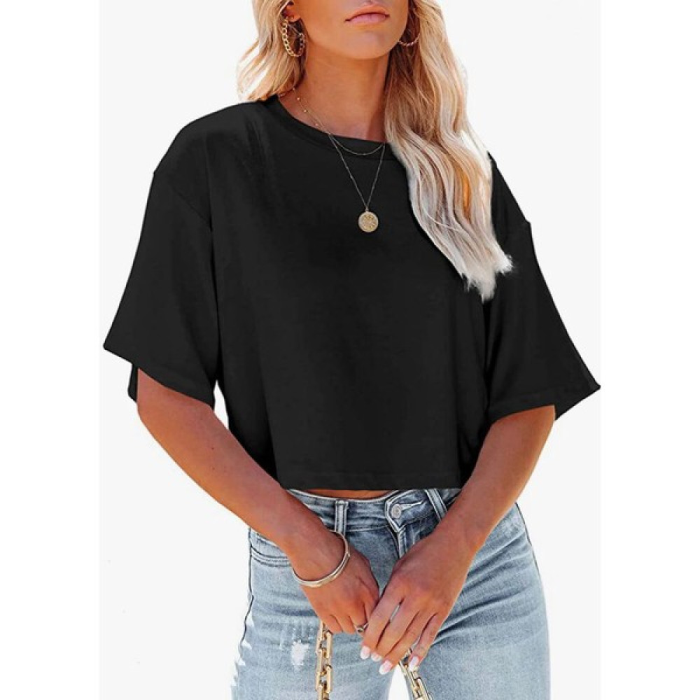T-G Clothing Yuvarlak Yaka Düşük Omuz Basic Crop Tshirt Bayan T-shirt Fiyatı