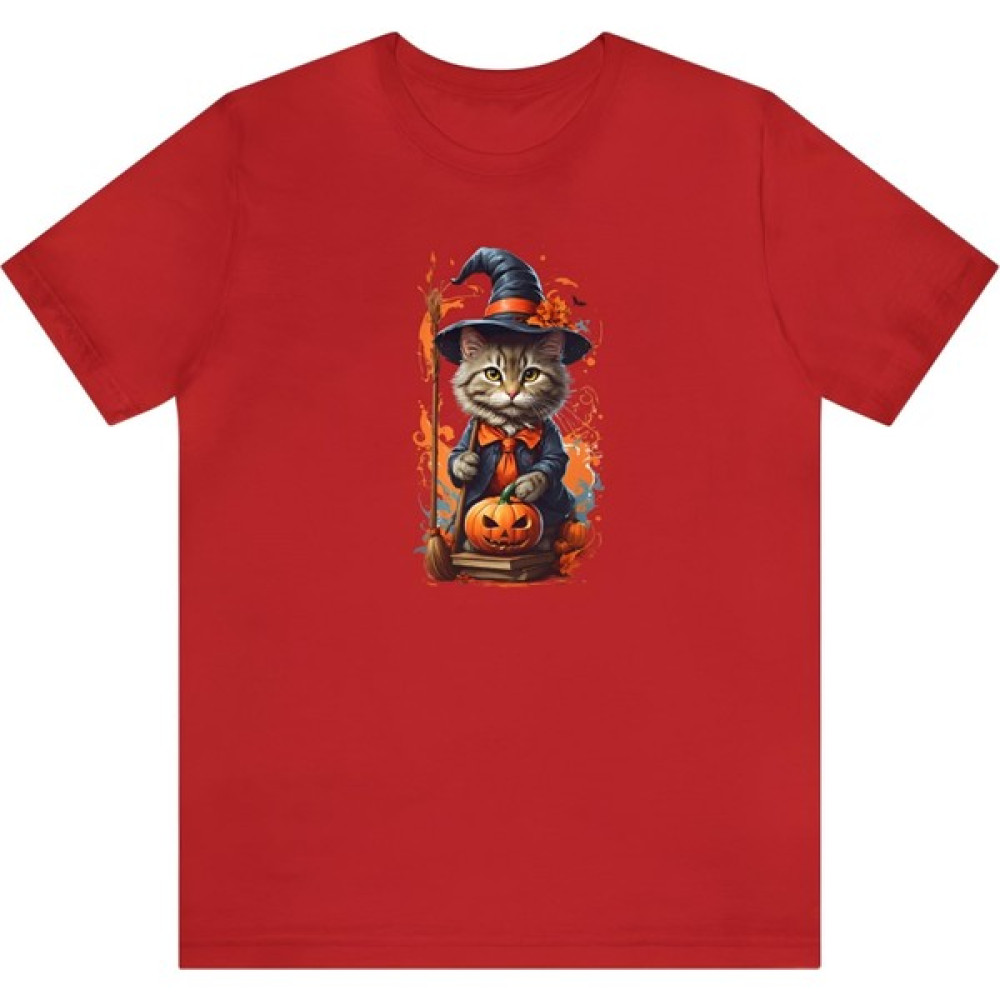 T-Shirt Cin / Cadı Kedi Baskılı Kırmızı Renk Tişört Bayan T-shirt Fiyatı
