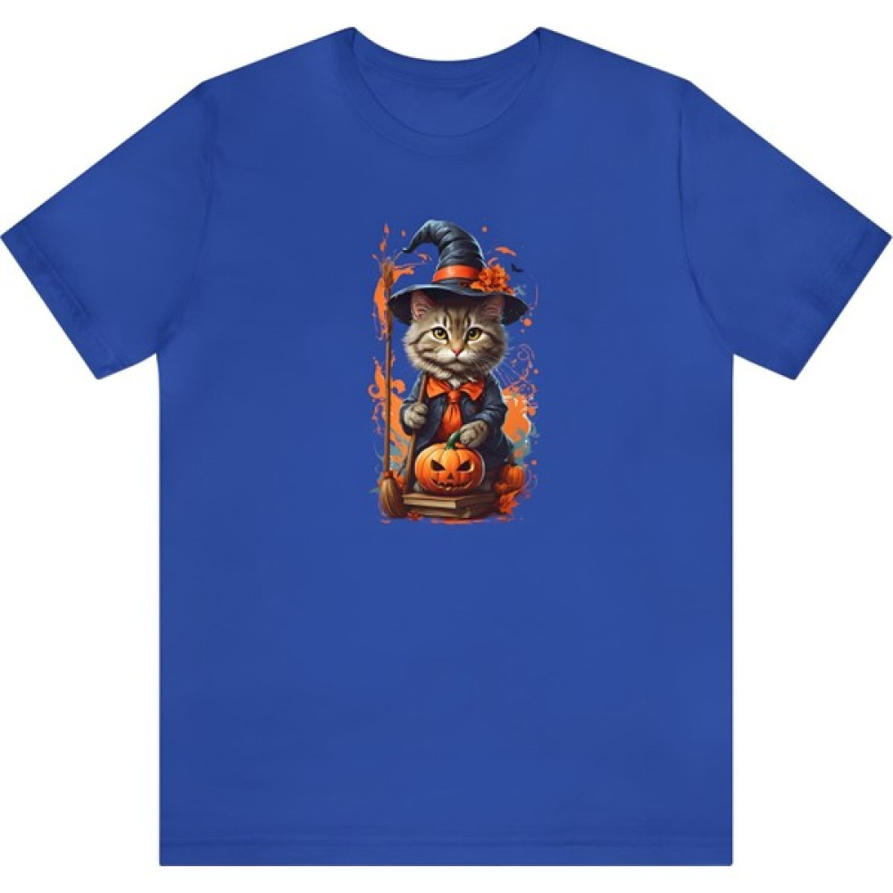 T-Shirt Cin / Cadı Kedi Baskılı Sax Mavi Renk Tişört Bayan T-shirt Fiyatı