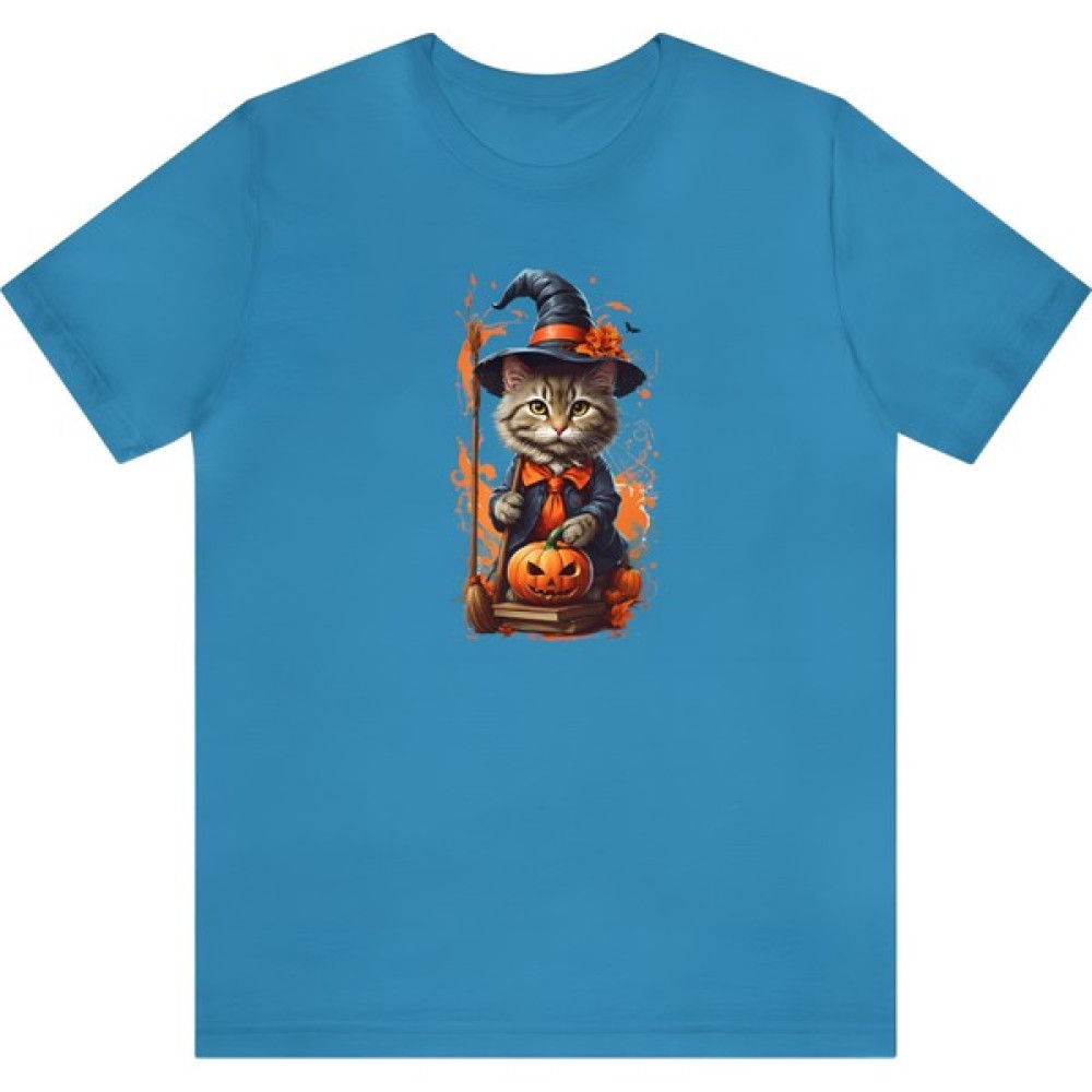 T-Shirt Cin / Cadı Kedi Baskılı Turkuaz Renk Tişört Bayan T-shirt Fiyatı