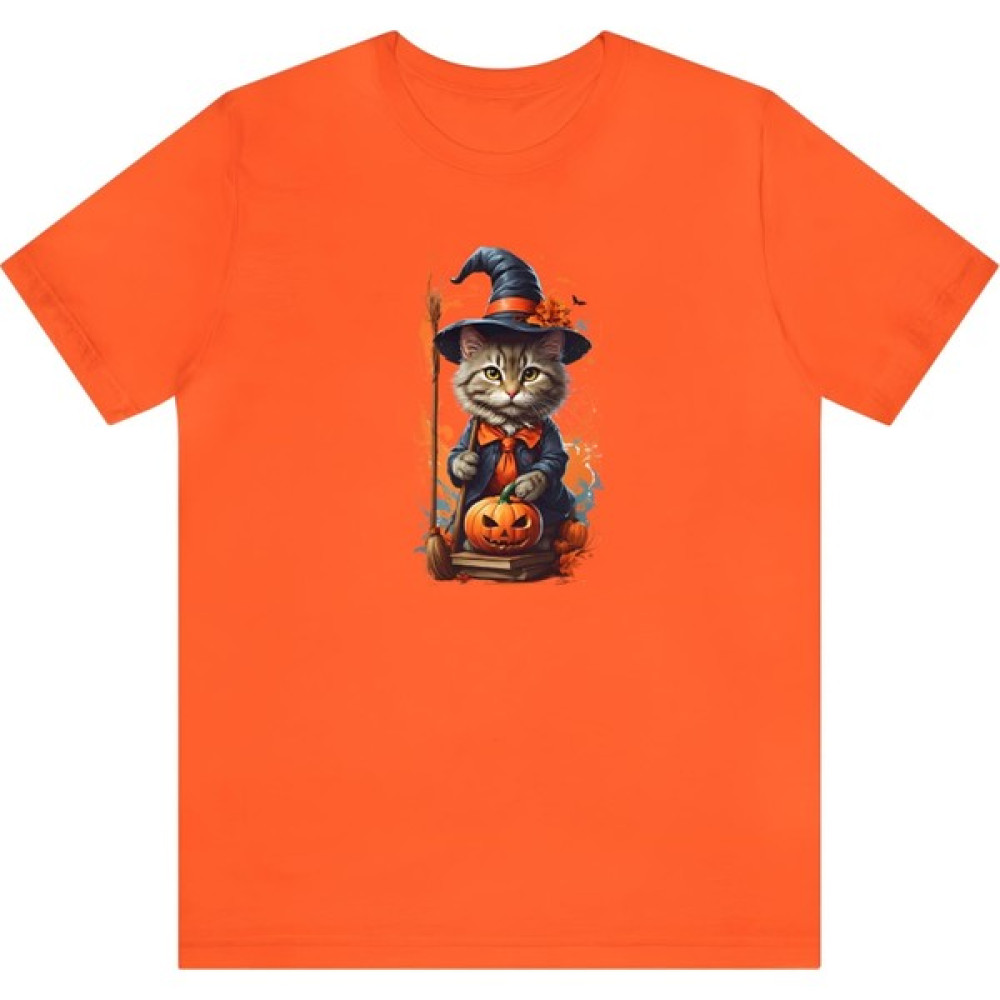 T-Shirt Cin / Cadı Kedi Baskılı Turuncu Renk Tişört Bayan T-shirt Fiyatı