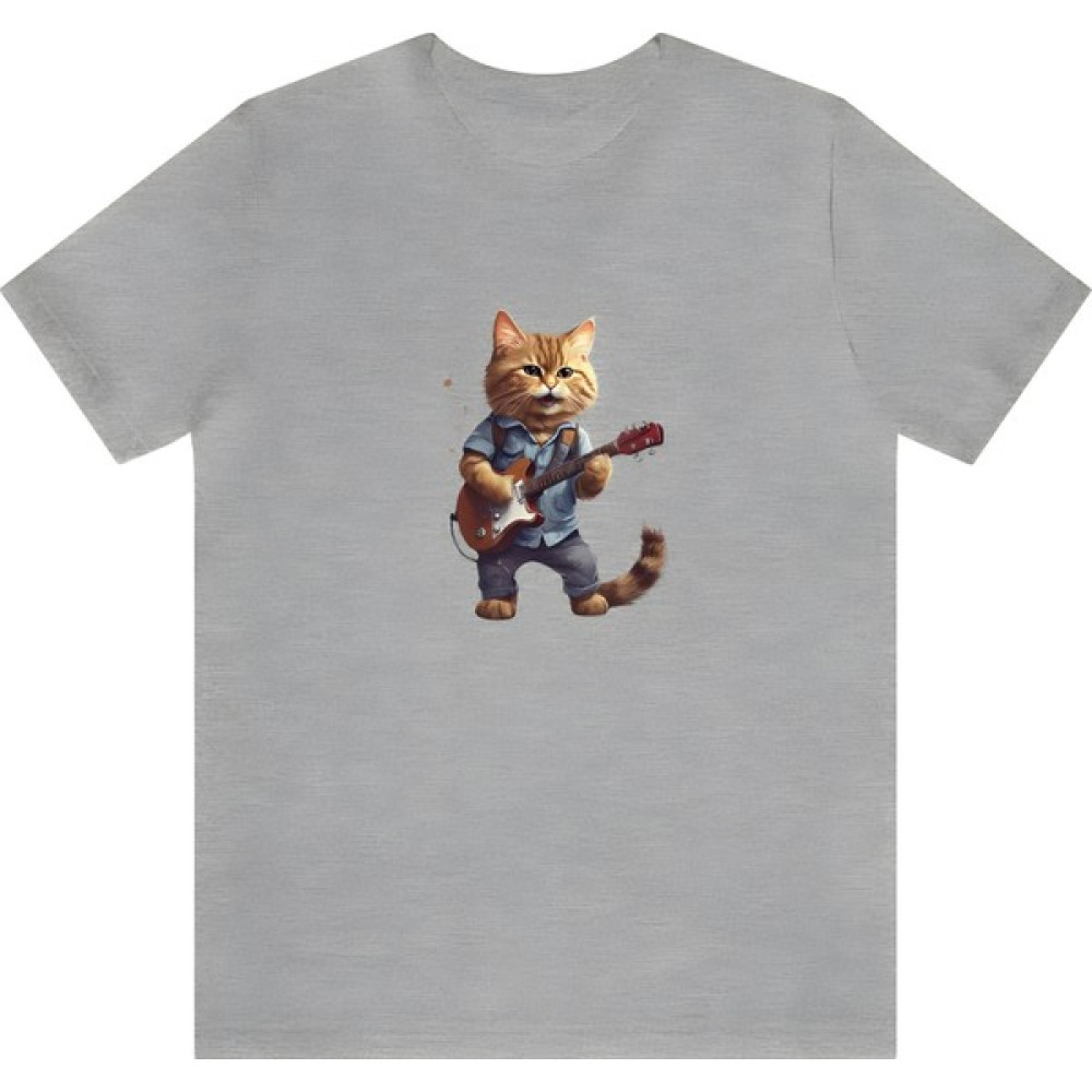 T-Shirt Cin / Gitarlı Kedi Baskılı Gri Renk Tişört Bayan T-shirt Fiyatı