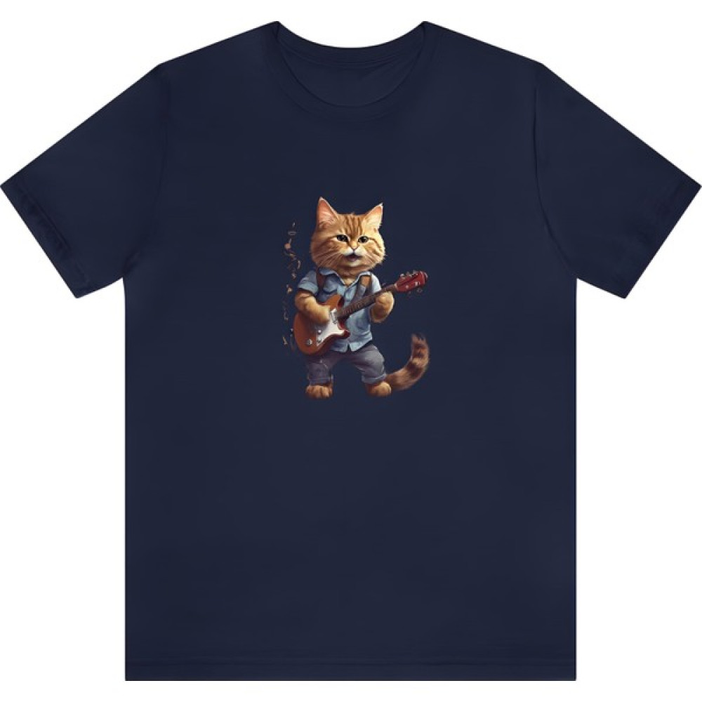 T-Shirt Cin / Gitarlı Kedi Baskılı Lacivert Renk Tişört Bayan T-shirt Fiyatı