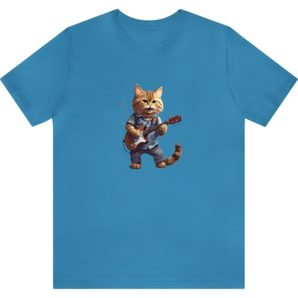 T-Shirt Cin / Gitarlı Kedi Baskılı Turkuaz Renk Tişört Bayan T-shirt Fiyatı